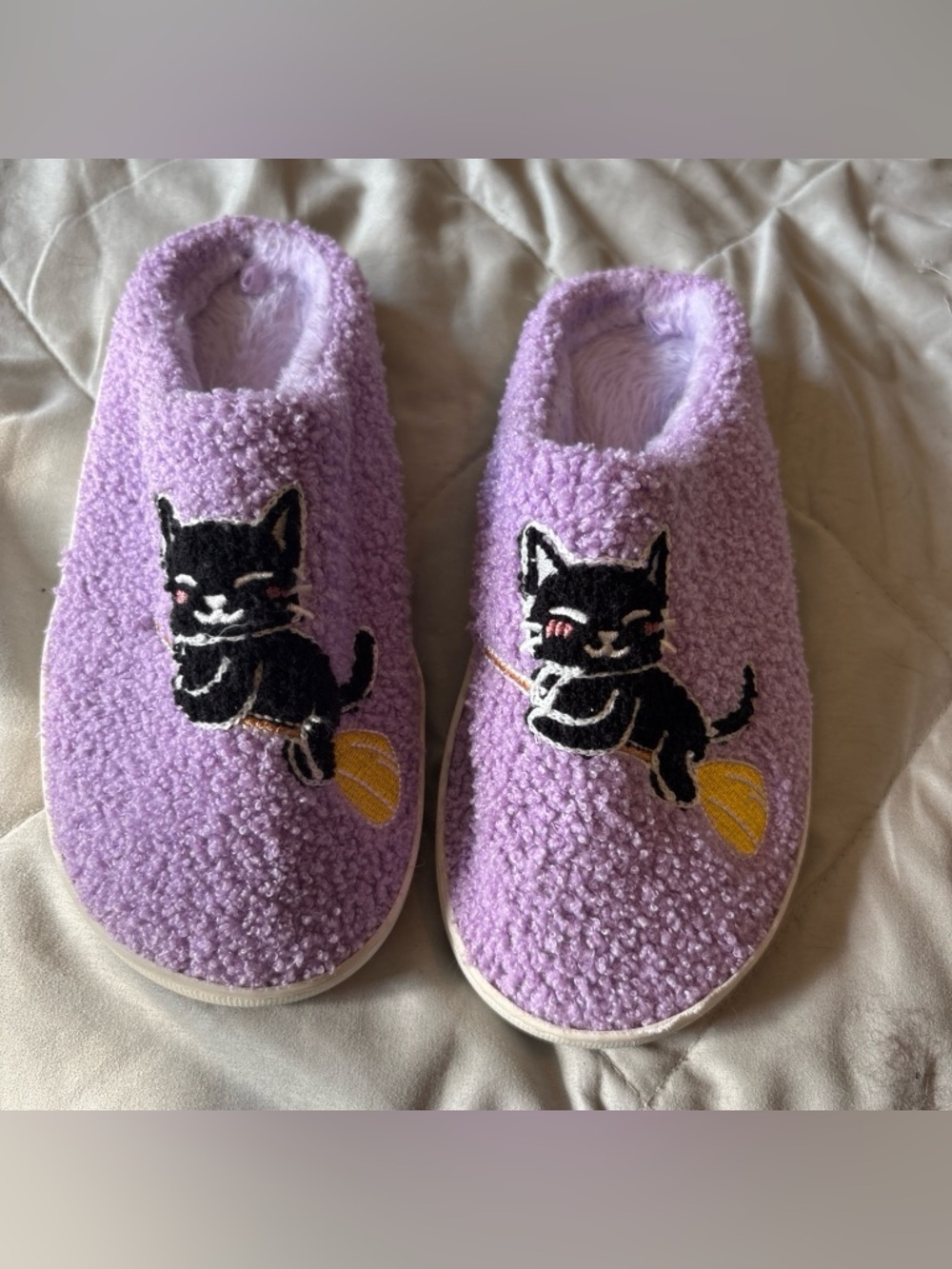 Lavender Cat Slippers with Black Cat Applique